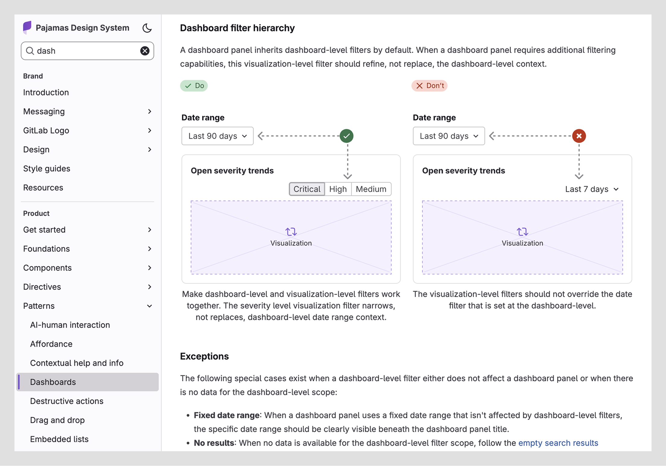 Dashboard filtering guidelines